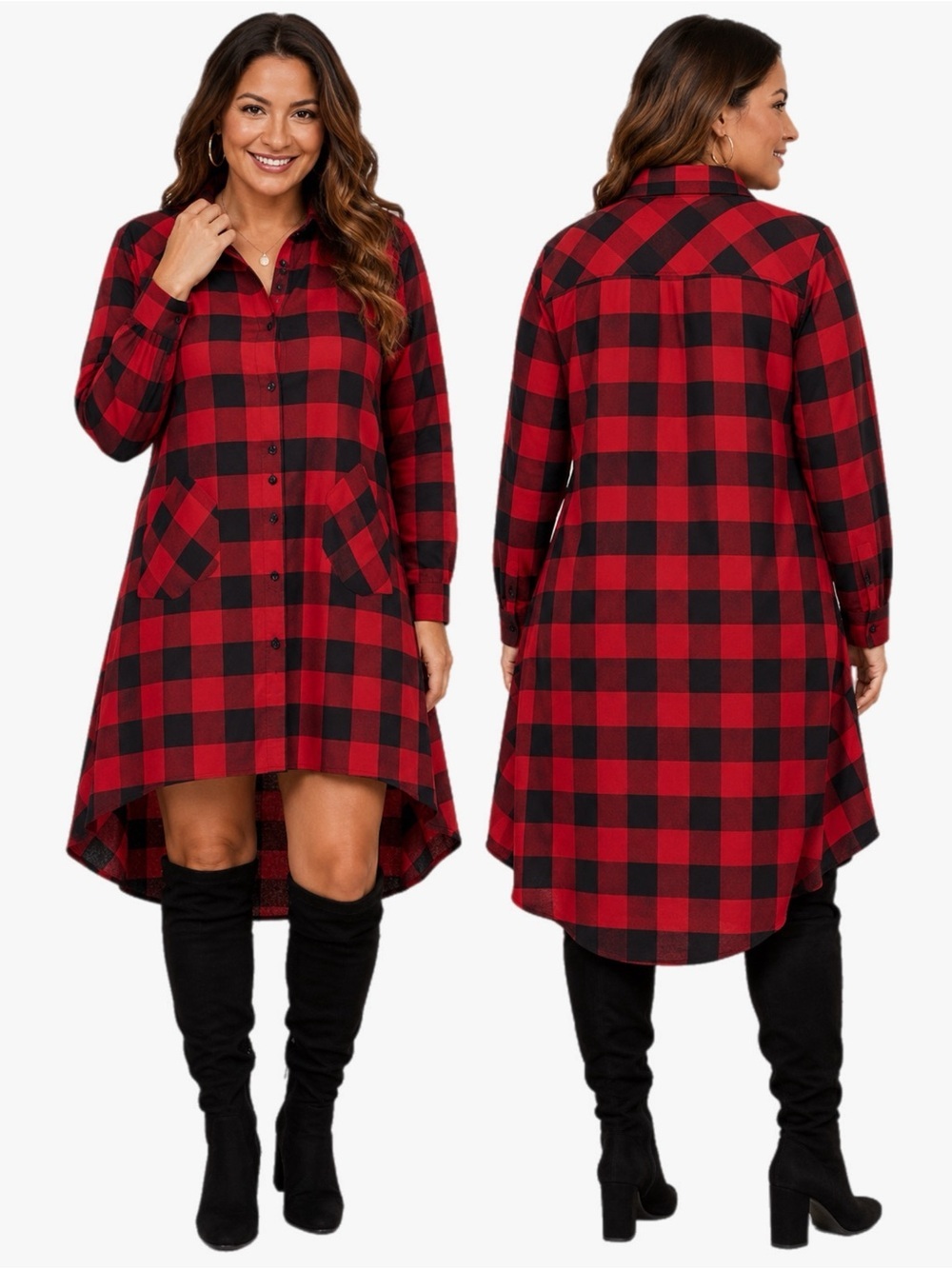 NWT OLRAIN XL Red Black Buffalo Plaid Button Front High-Low Shirt Dress